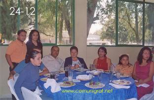 Foto 24-12 - Personas no identificadas, Waldo Rivas, persona no identificada, Yolanda Velázquez de Martínez, Ivoone Martínez Velázquez y Mariela Martínez Velázquez en el festejo del día del impresor 2003 de Canagraf Guanajuato realizado el 27 Septiembre 2003 en el Salón La Quinta Maravilla de la ciudad de León, Gto. México.